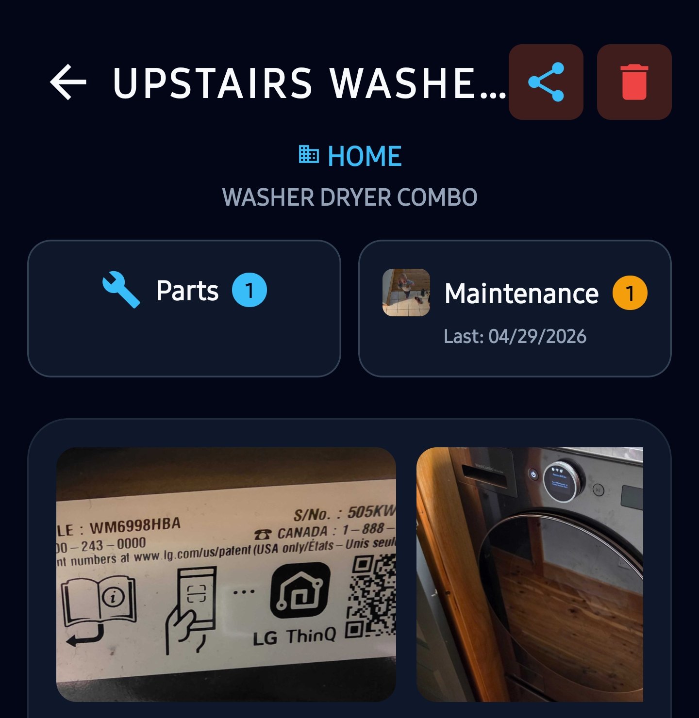 A washer dryer in the app, filed under Home, with its nameplate photo, parts and last maintenance date